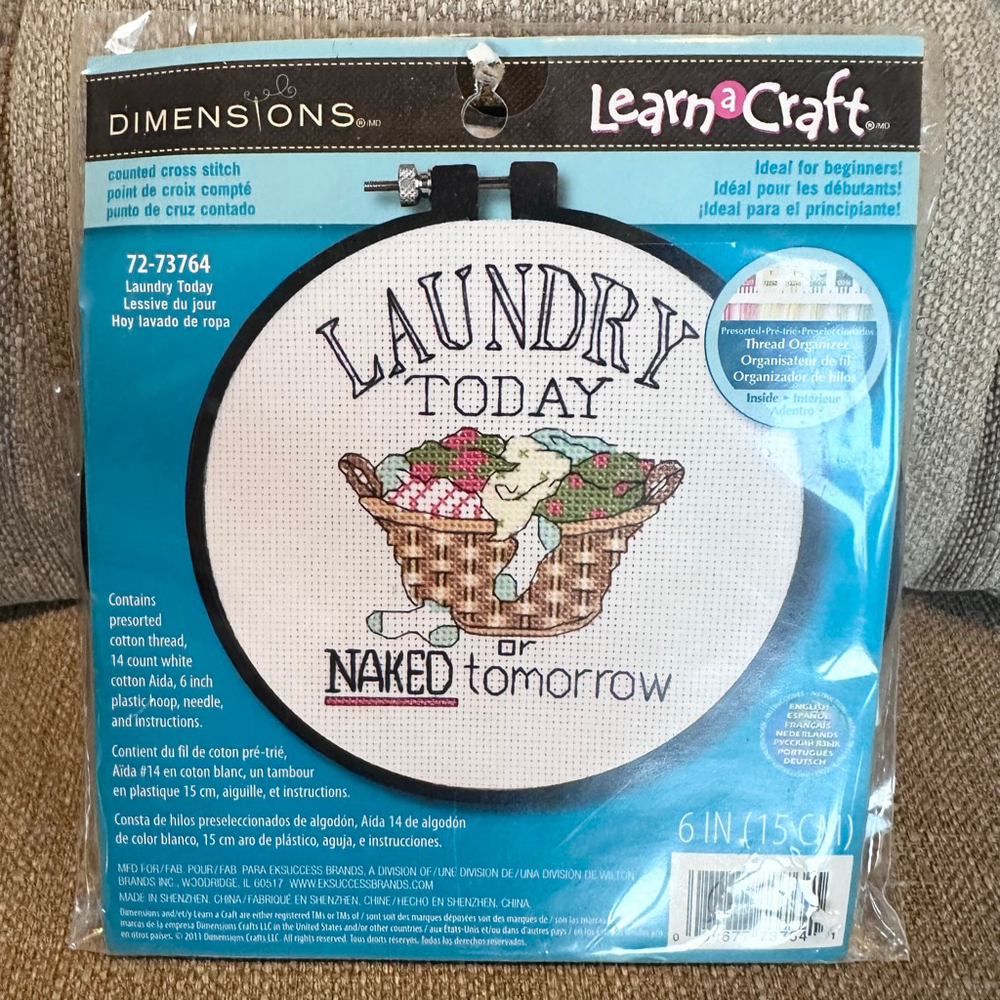 NIP Dimensions Counted Cross Stitch Kit Laundry Today Or Naked Tomorrow 6” Round
